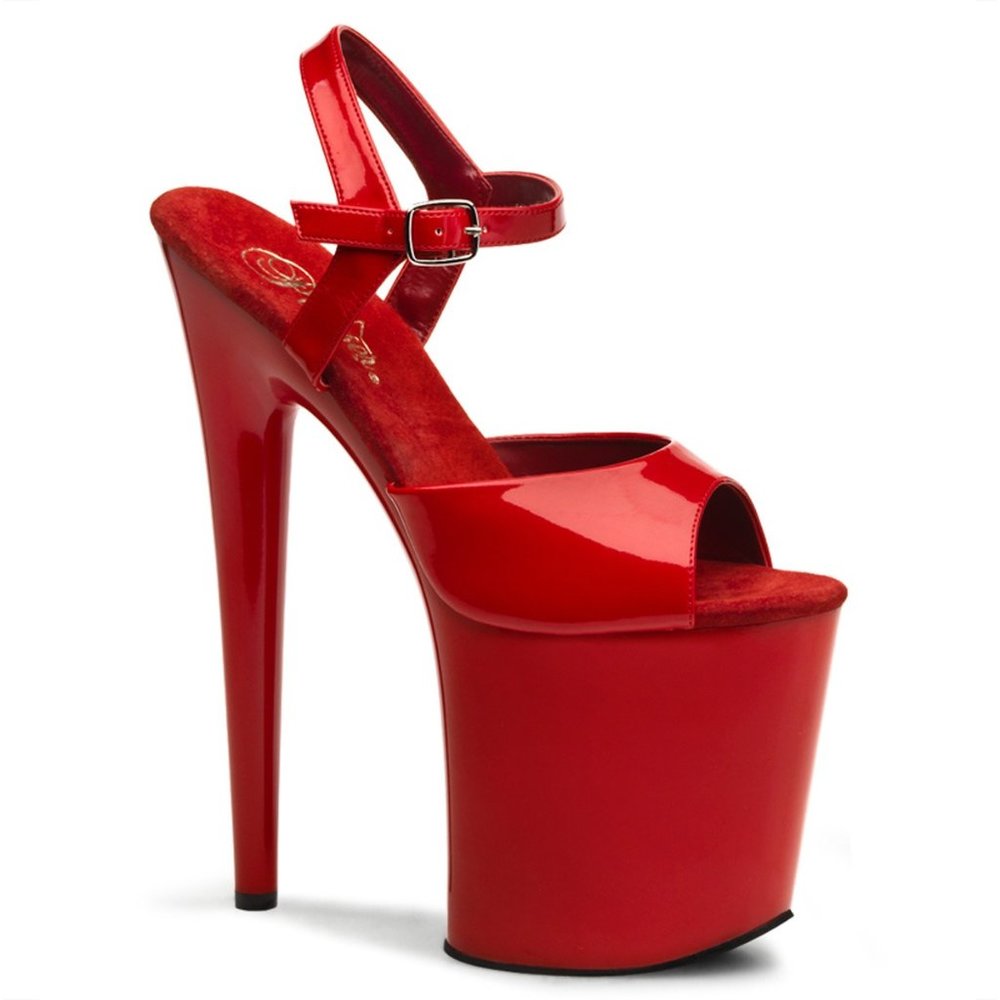 Pleaser Flamingo-809 Red Patent Platform Sandals 8 Inch Heels With Ankle Strap